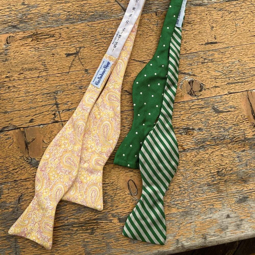 Two Andover Shop Patterned Silk Bowties, self tie made in England